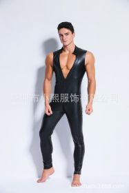 Men's Lingerie Patent Leather Jumpsuit Tight Imitation Leather Bar Stage Performance (Option: Black-M)